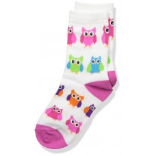 K. Bell Girl's Colorful Owls Crew, White, Sock Size 7.5-9/Shoe Size 11-4, 1 Pair